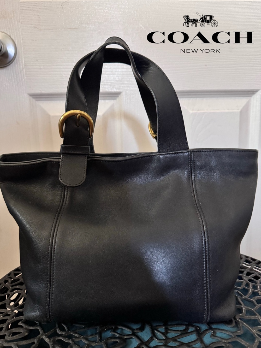 Vintage Coach Waverly Black Leather Tote Bag Purse